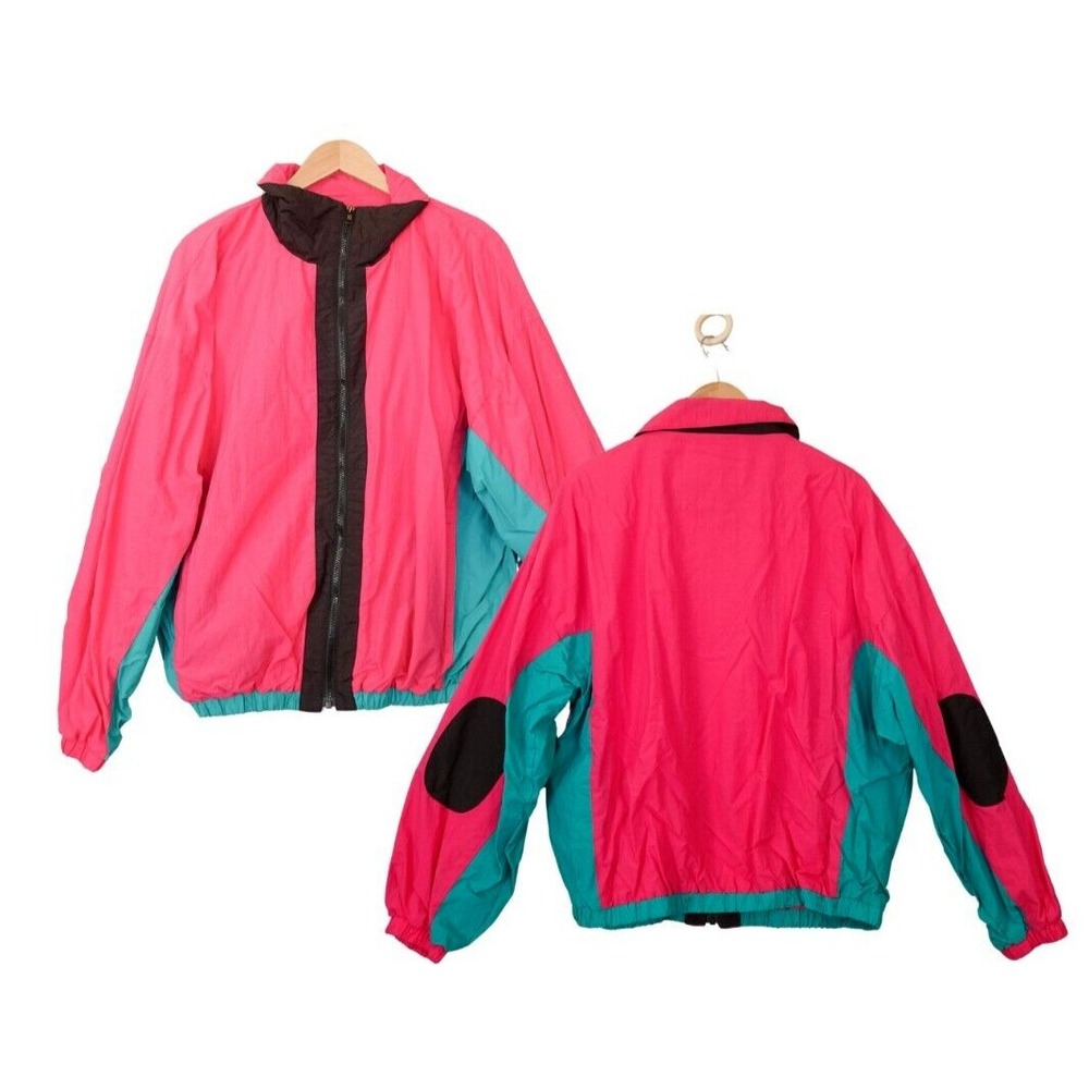 Y2K Neon Kidcore Track Jacket Mens L Pink Teal Elbow Patch SURF CO 80s Vintage